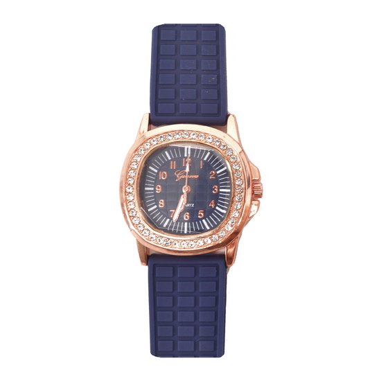 Geneva Strass/Siliconen Horloge | Blauw/Rosekleurig | Ø 26 mm | Fashion Favorite