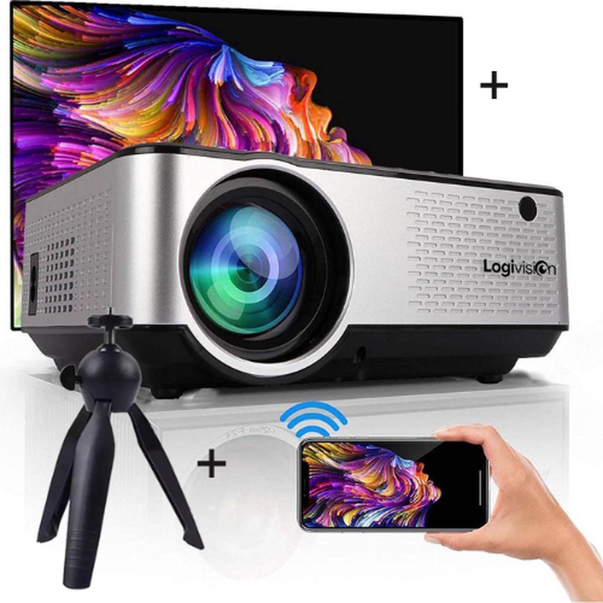 Logivision C9 FULL HD Beamer - 6500 Lumens - Mini Projector - Streamen met Telefoon Via Wifi - Afstandsbediening - Inclusief Projectiescherm - Logivision