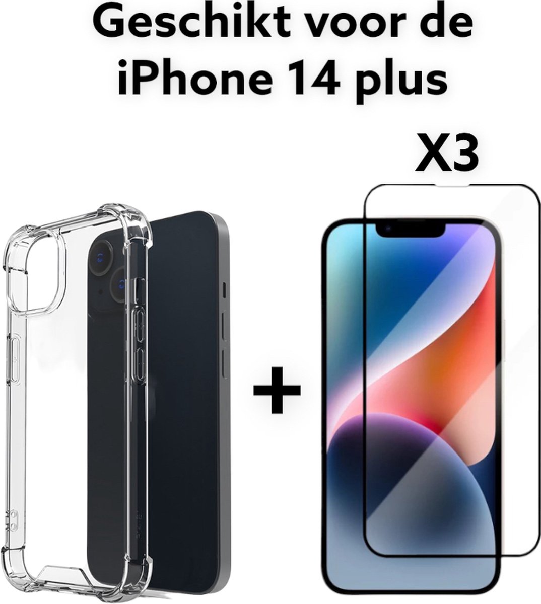 iPhone 14 plus Hoesje Transparant + 3x screenprotector- iPhone 14 plus Hoesje Anti Shock - iPhone 14 plus Anti Shock Case Antishock Shock Proof + 3x tempered glas 9H