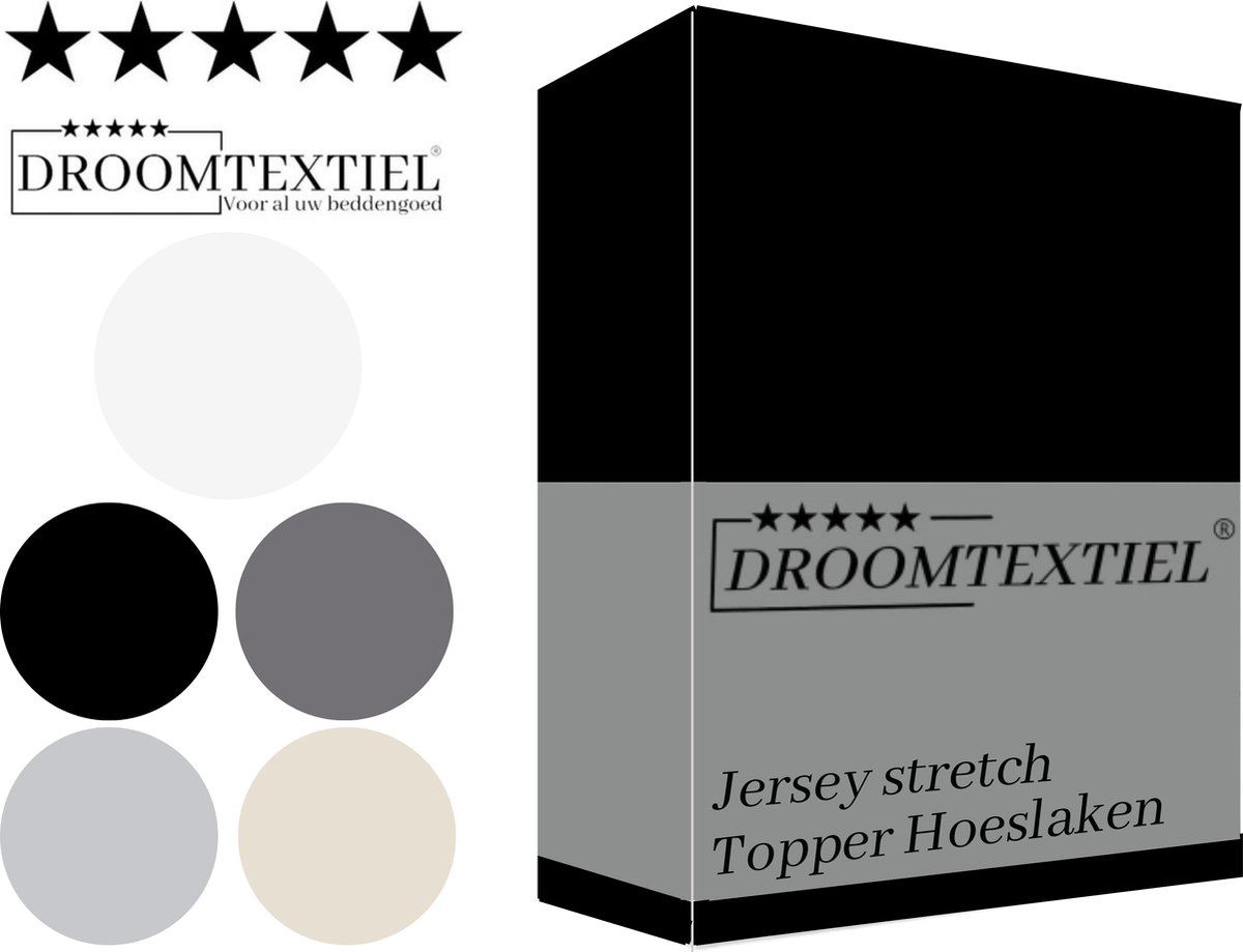 Droomtextiel Topper Hoeslaken Jersey Stretch - Zwart 180x220 cm - Lits-Jumeaux - 160g.m² Zacht Katoen