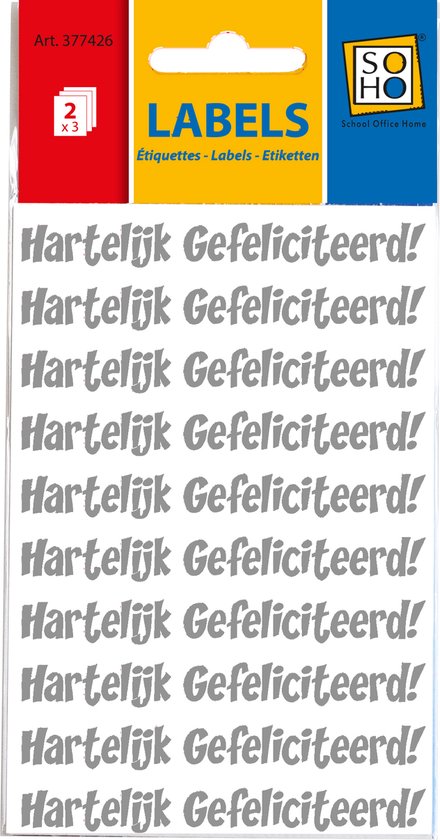 Zilveren "Hartelijk Gefeliciteerd" stickers met sierlijk lettertype. 2 vel, 3 stuks per vel.
