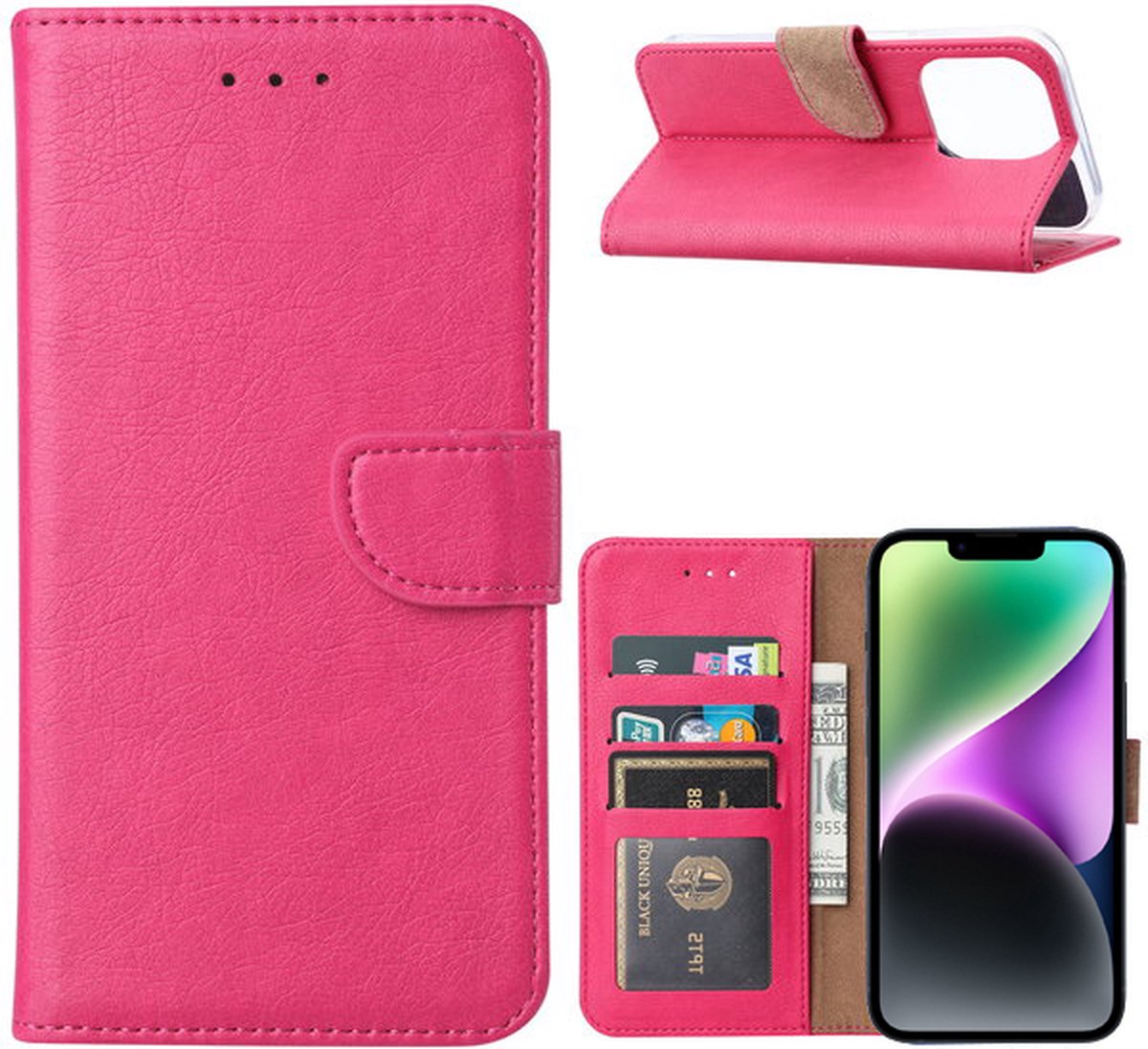 Arara Hoesje geschikt voor iPhone 14 Plus hoesje bookcase hoes - Arara book case hoesje voor iPhone 14 Plus - Roze