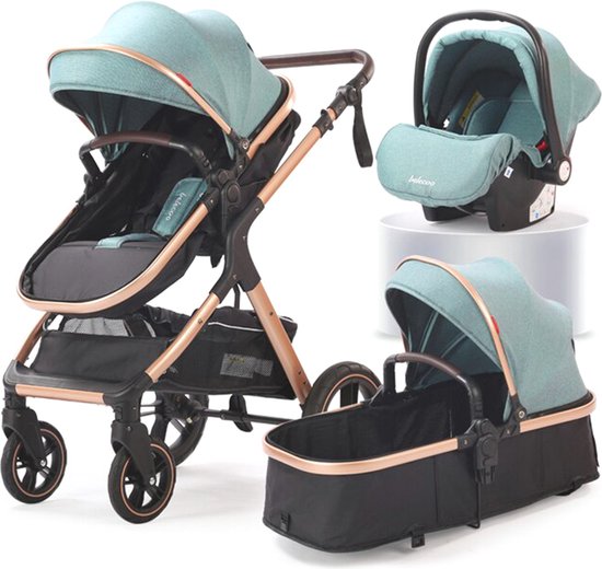 Brandie® - Kinderwagen 3 in 1 - Baby Stroller Ideaal Voor Dagjes Uit - Wandelwagen - Opvouwbaar + Draagbare - Capaciteit 15 Kg - Met Veiligheidszitje - Multifunctionele - Geschikte Leeftijd 36 Maanden - Met Mand - Maat 42,3*23,3*30,5 inch - Groente