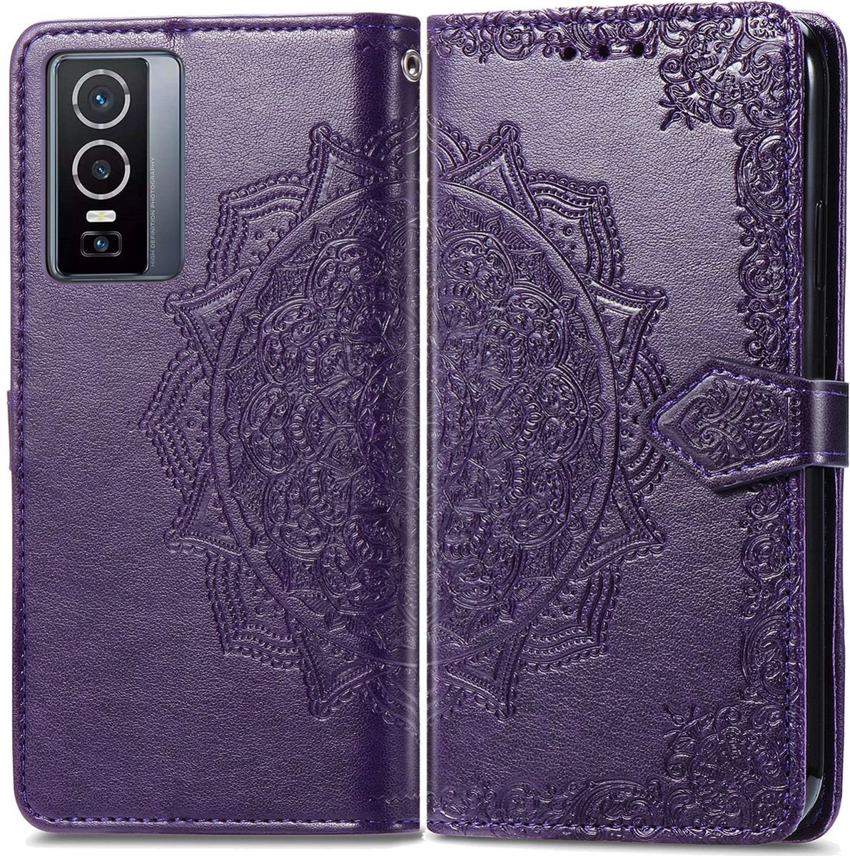 Mobigear Telefoonhoesje geschikt voor Vivo Y76 Hoesje | Mobigear Mandala Bookcase Portemonnee | Pasjeshouder voor 3 Pasjes | Telefoonhoesje voor Pinpas / OV Kaart / Rijbewijs - Paars