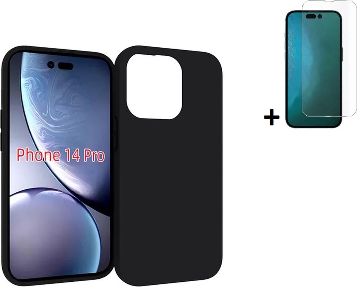 MoDo hoesje Geschikt voor iPhone 14 Pro - Siliconen Back Cover - Zwart met screenprotector