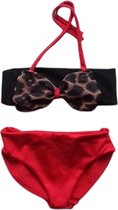 Maat 122 Bikini zwemkleding rood zwart dierenprint badkleding voor baby en kind rode zwem kleding met panterprint strik