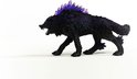 Zwarte wolf met paarse kristallen op rug en staart, rode ogen en open bek.