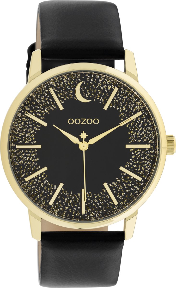OOZOO Timepieces - Goudkleurige horloge met zwarte leren band - C11044