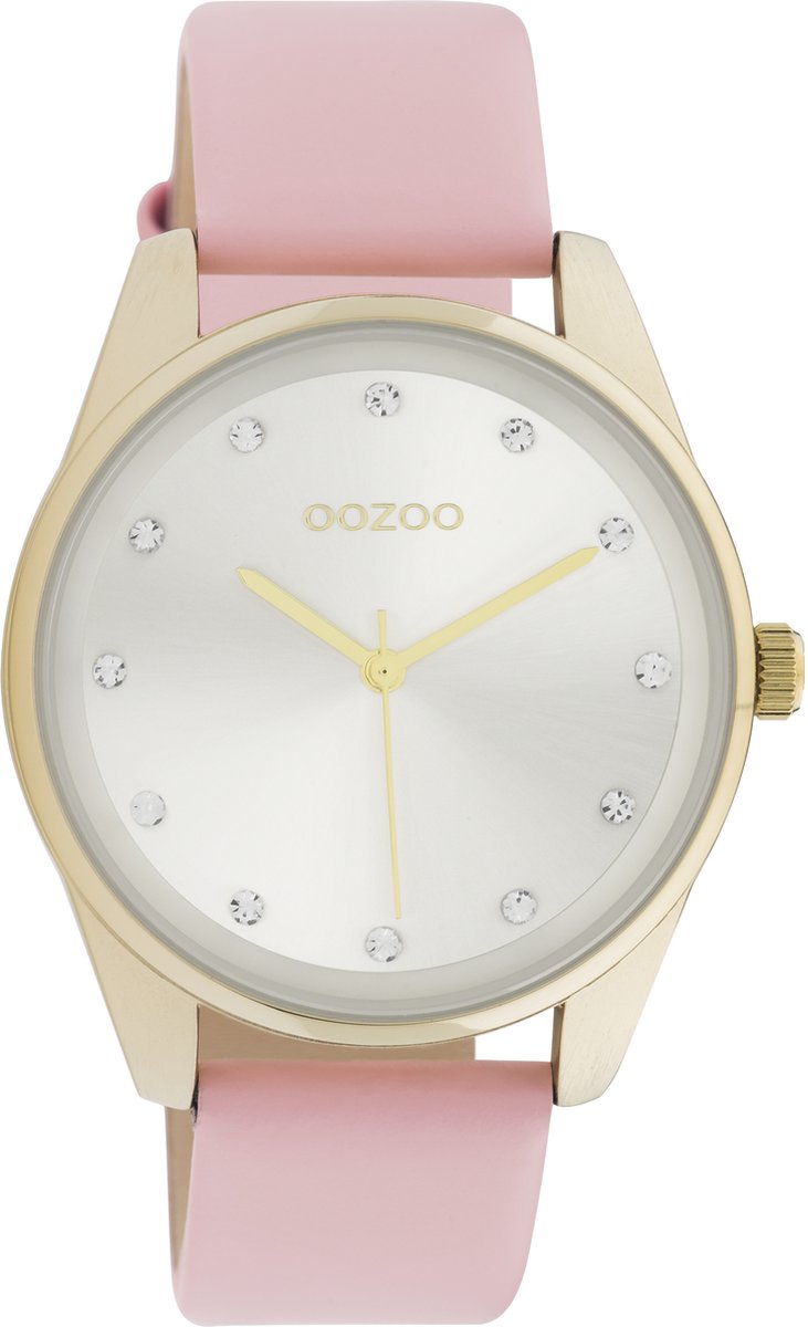 OOZOO Timpieces - Goudkleurige horloge met poeder roze leren band - C11045