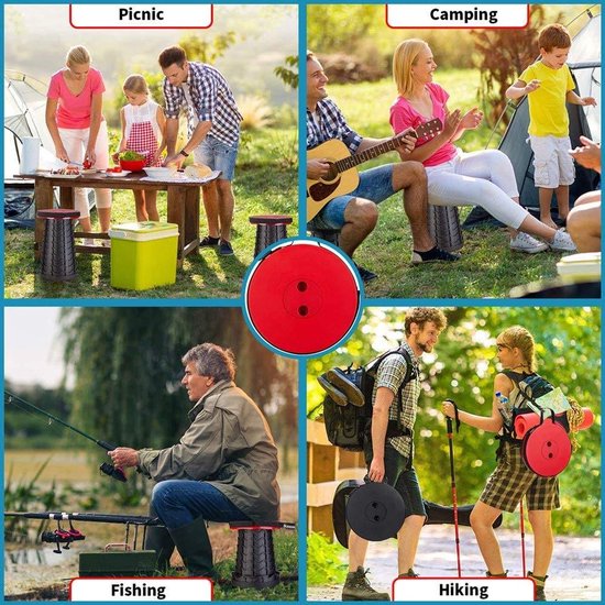 Relaxdays telescopisch krukje, opvouwbaar, draagriem, 100 kg, H x B x D: 44,5x25x25 cm, campingkruk, rood-zwart