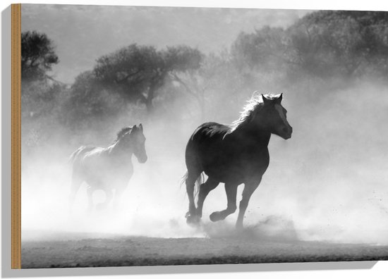 WallClassics - Hout - Paarden in Galop Zwart / Wit - 75x50 cm - 12 mm dik - Foto op Hout (Met Ophangsysteem)