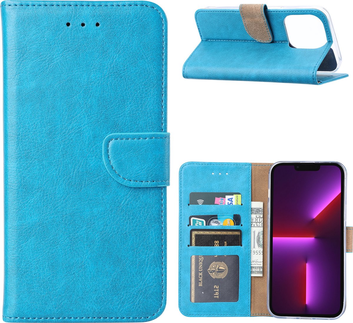 Phreeze Back Cover - Geschikt voor iPhone 14 Hoesje - Book Case - Blauw - Met Pasjes Houder - Vegan Leer - Magnetische Sluiting