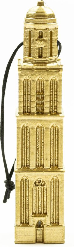 Gouden kersthanger in de vorm van de Peperbus van Zwolle, met zwart koord.