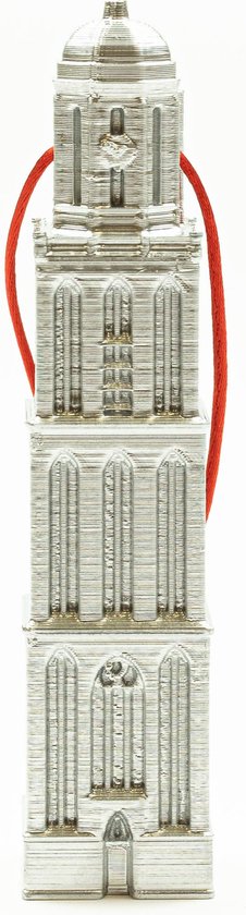 Zilverkleurige kersthanger van de Peperbus met een rood lint.