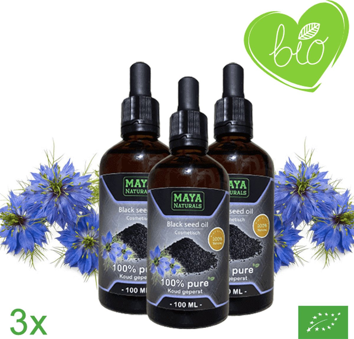 Natuurlijke Black Seed Oil 3X 100ml | 100% Puur & Onbewerkt EU Bio keurmerk | Zwartzaadolie | Zwarte Zaad Olie | Zwarte Komijnolie | Nigella Sativa Olie
