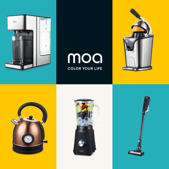 Collage van MOA apparaten: waterdispenser, citruspers, waterkoker, blender, stofzuiger..