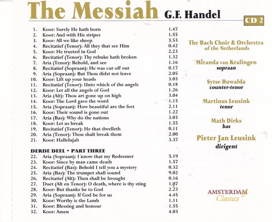 Achterkant albumhoes met tracklist 'The Messiah G.F. Handel CD 2'.