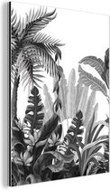 Wanddecoratie Metaal - Aluminium Schilderij Industrieel - Bladeren - Zwart wit - Jungle - 90x120 cm - Dibond - Foto op aluminium - Industriële muurdecoratie - Voor de woonkamer/slaapkamer
