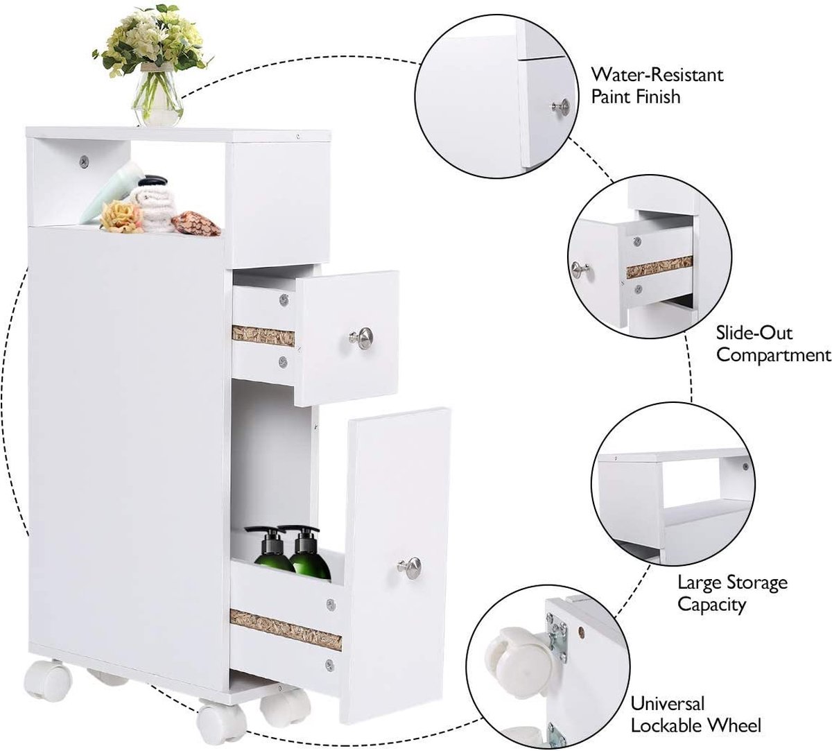 Ejoyous Hoge Badkamerkast Met Toiletrolhouder - Smalle Opbergkast 80x15,5x15 Cm Wit
