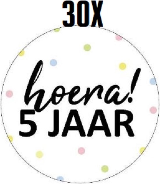 Foto: 30x sluitsticker hoera 5 jaar sluitstickers 40mm jarig hoera feest uitdelen sluitzegel traktatiesticker verjaardag 5 jaar traktatie 30 stuks stickers cadeausticker wensetiket