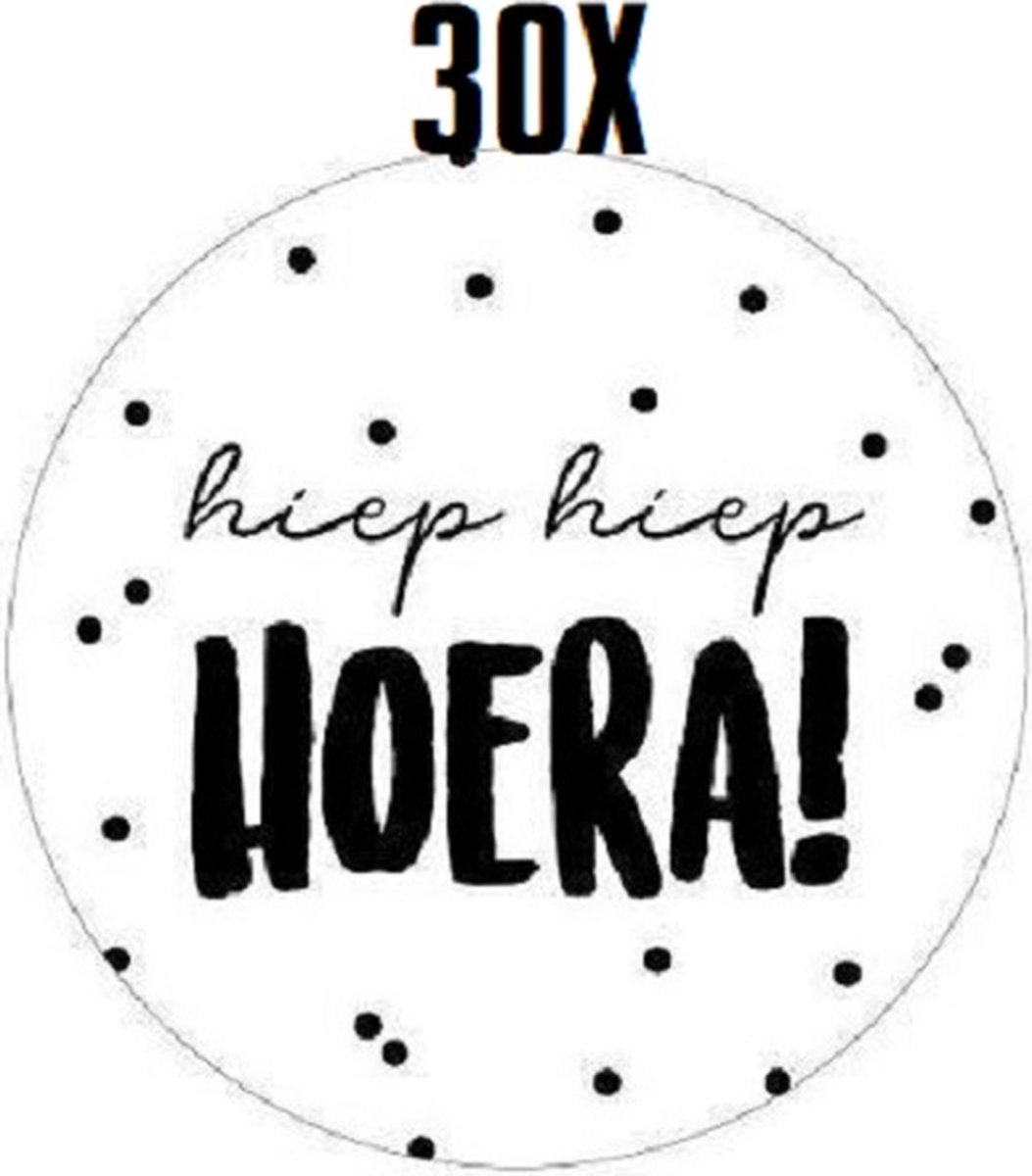 30x Sluitsticker Hiep Hiep Hoera - Traktatie Creatie - Sluitstickers - 40mm - Jarig - Hoera - Feest - Uitdelen - Sluitzegel - Traktatiesticker - Verjaardag - Wit/Zwart - Traktatie - 10 Stuks - Stickers - Cadeausticker - Wensetiket