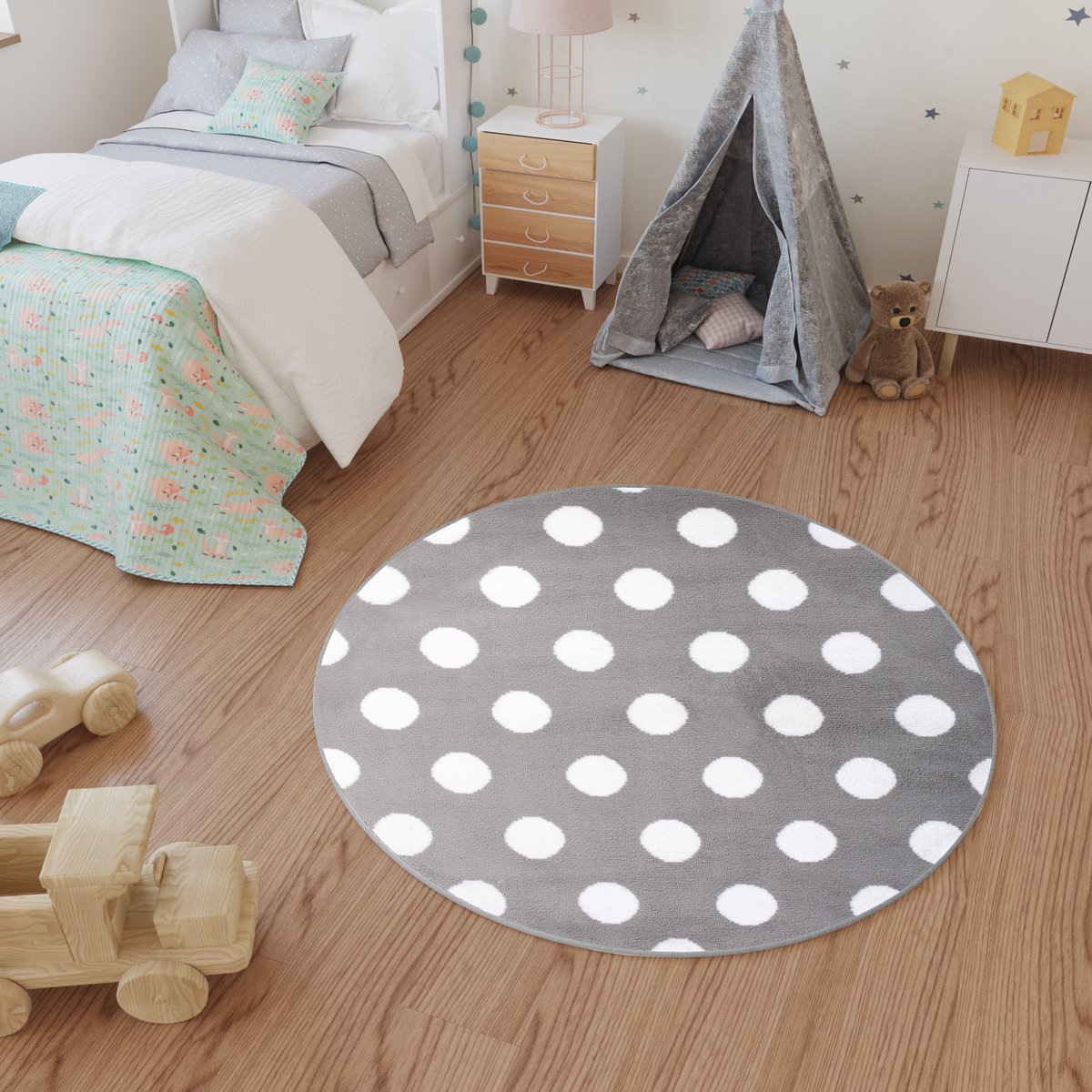 Tapiso Luxury Rond Vloerkleed Grijs Kinderkamer Maat- 160x160 Grijs Wit 4