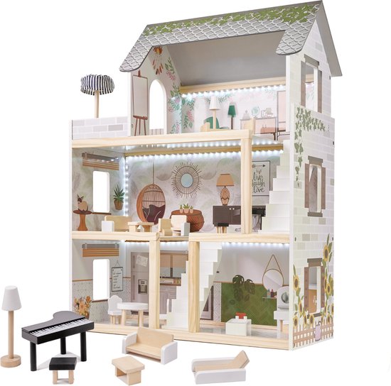 Zeer luxe XL houten poppenhuis met meubels 78 cm boho stijl Met LED  verlichting -... | bol.com