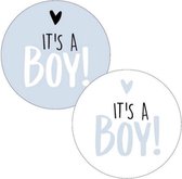 15 x Geboortesticker Jongen - Sluitsticker - Traktatiesticker- Cadeausticker geboorte - Cadeausticker it's a boy - rond 40mm - It's a boy blauw/wit, zwart hartje - Sticker geboorte