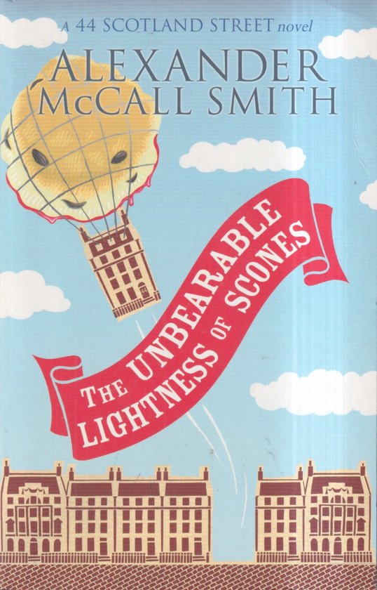 Boekcover: Het boek 'The Unbearable Lightness of Scones' van Alexander McCall Smith, met een ballon en gebouwen.