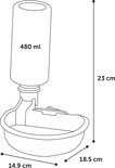 Technische tekening van een grijze drinkbak met fles van 480 ml, met afmetingen 14.9 cm, 18.5 cm en 23 cm.