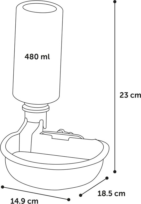 Technische tekening van een grijze drinkbak met fles van 480 ml, met afmetingen 14.9 cm, 18.5 cm en 23 cm.