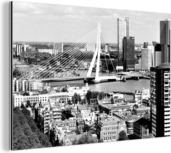 Wanddecoratie Metaal - Aluminium Schilderij Industrieel - Rotterdam - Skyline - Zwart - Wit - 90x60 cm - Dibond - Foto op aluminium - Industriële muurdecoratie - Voor de woonkamer/slaapkamer