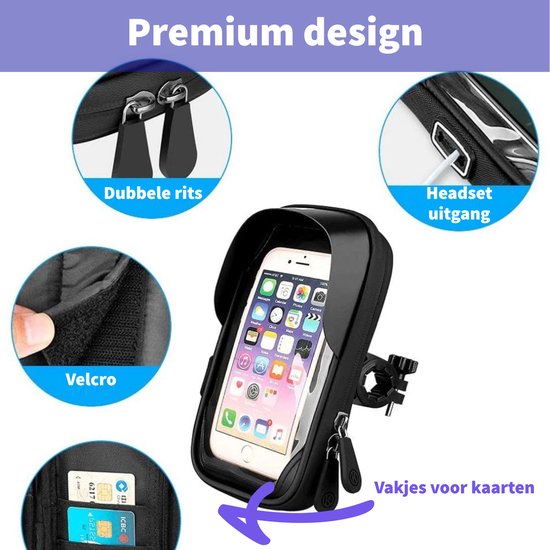 Zwarte telefoonhouder met dubbele rits, headsetuitgang, velcro en vakjes voor kaarten.