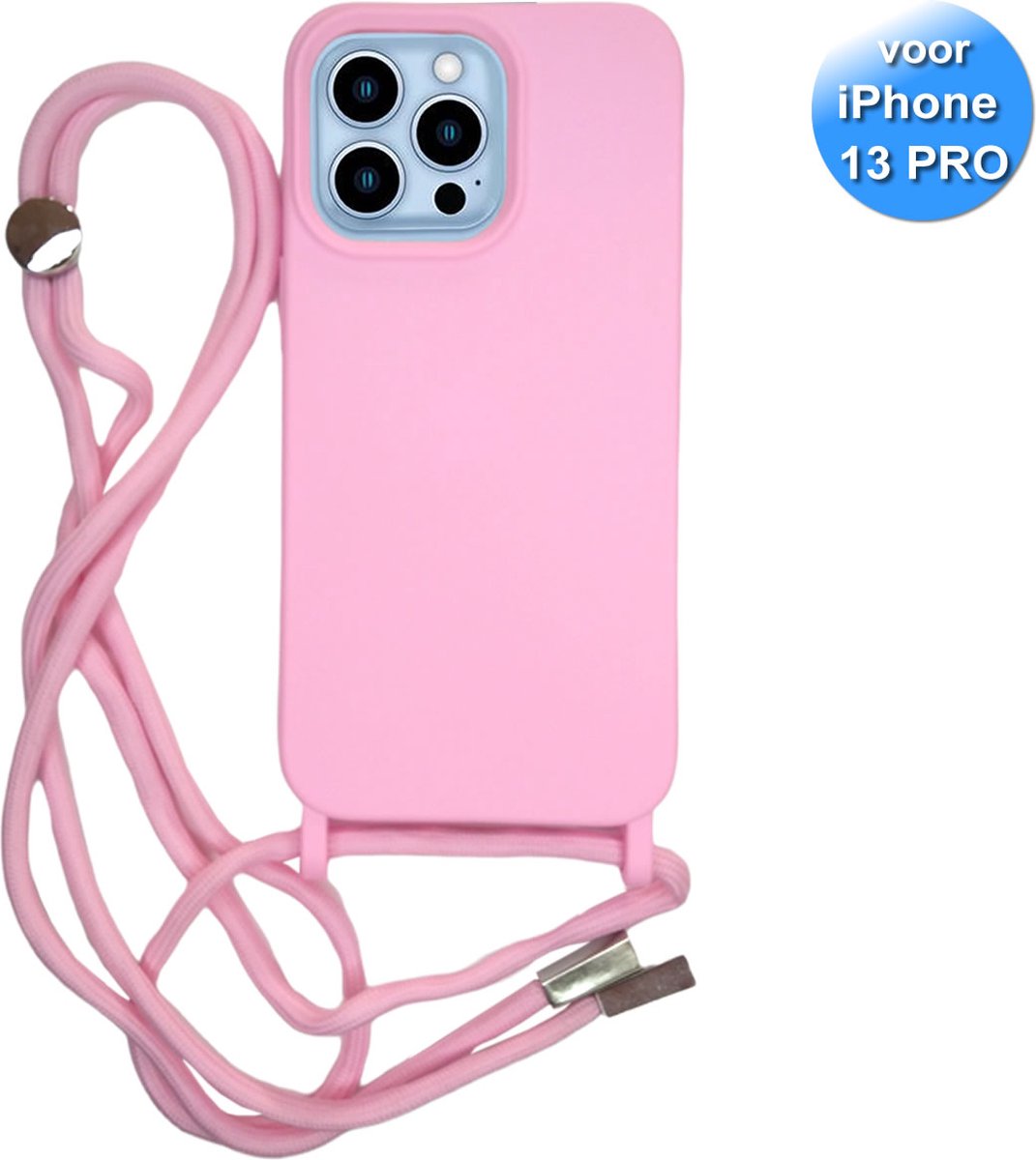 Hoesje met Koord geschikt voor de iPhone 13 Pro - Telefoonhoesje met verstelbaar draagkoord - Siliconen Back Cover - Roze