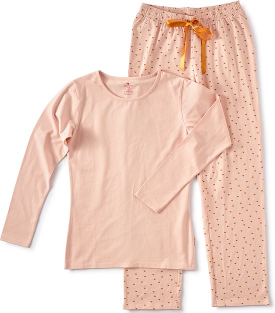Little Label Pyjama Dames Maat XL/42 - roze, Geel - Hartjes - Dames Pyjama - Zachte BIO Katoen