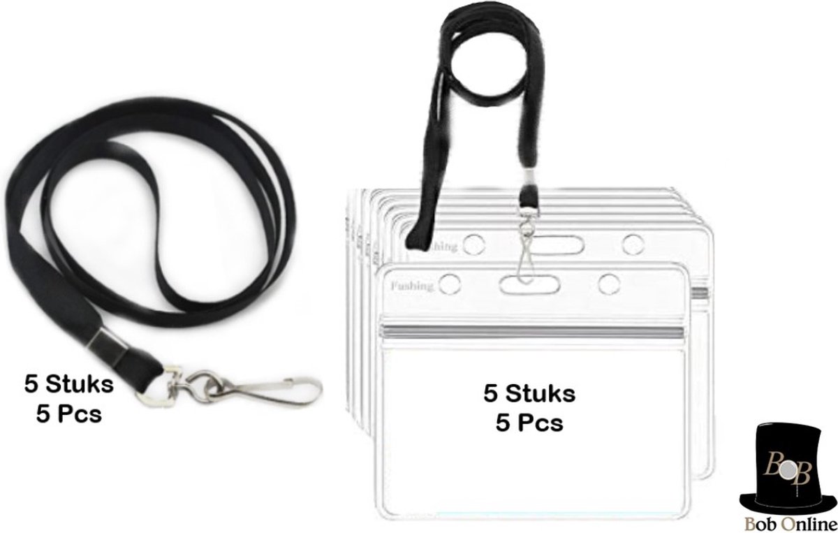Bob Online ™ - 5 Stuks – Horizontaal PVC ID Badgehouders + 5 Stuks Lanyards – Waterdichte Plastic ID Badgehouders – ID-Kaarthouder – Plastic ID-Kaarthouders – Transparant ID-Badgehouder – PVC Horizontal ID Badge Holders x 5 – Lanyards Black x 5