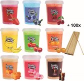 Suikerspin Suiker Mega Pakket + 100 stokjes  - Aardbei – Bosbes – Kers – Banaan – Appel – Sinaasappel – Caramel – Bubbelgum – Cola - 9 potten x 400 gram