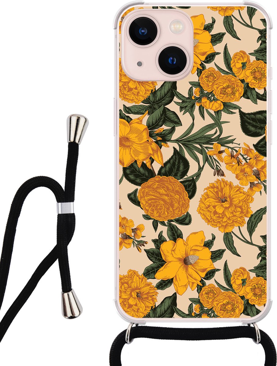 Hoesje met koord - Geschikt voor iPhone 13 - Retro flowers - Verstelbaar zwart koord - Transparant, Oranje - Bloemen - Leuke Telefoonhoesjes