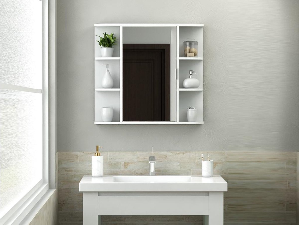 Badkamer muurkast met spiegel en nissen MAROYA - Wit L 80 cm x H 72.5 cm x D 14 cm