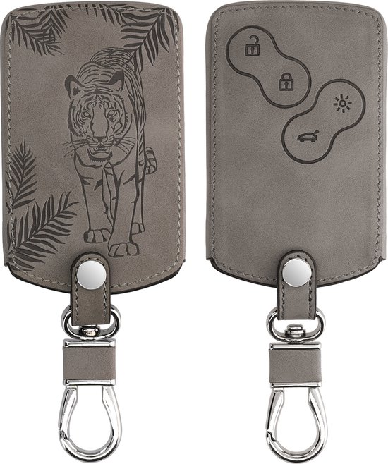 kwmobile étui pour clé de voiture Renault carte-clé de voiture à 4 boutons (keyless Go uniquement) - étui de protection en similicuir - motif tigre - gris