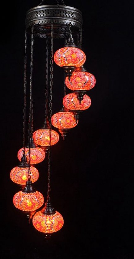 Oosterse lamp mozaïek rood/ oranje 9 bollen kroonluchter