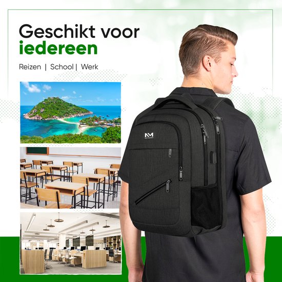 Sac à dos Madden bleu marine avec port de charge USB 36L Zwart Sac à dos pour ordinateur portable de Luxe 17,3 pouces - Cartable - Homme - Femme - Garçons - Filles - Résistant à l'eau - Sacs à dos à dos