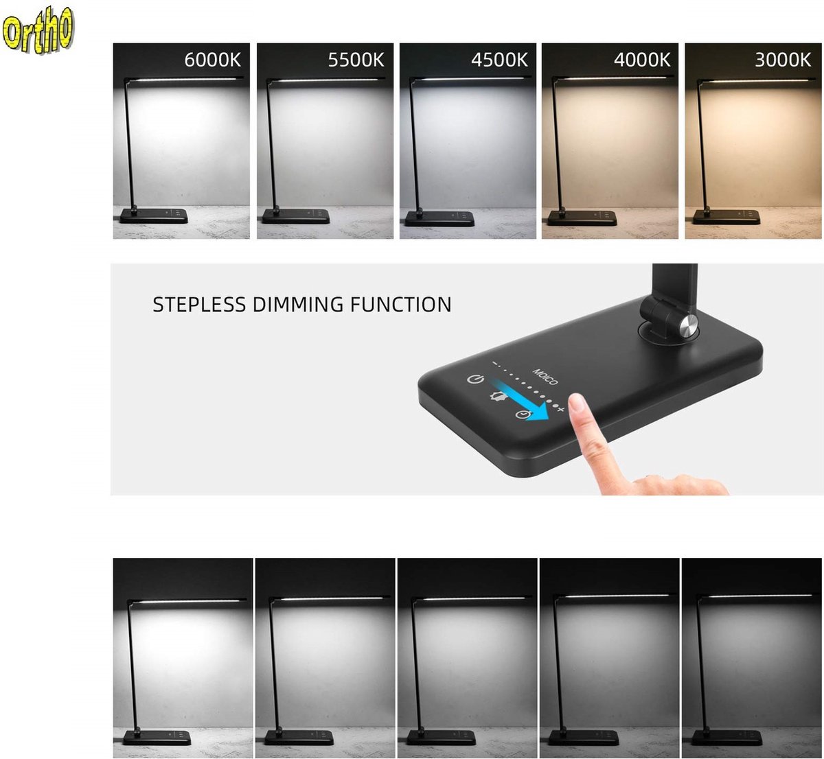Ortho® - Bureaulamp - Bedlamp - Leeslamp - Nachtlamp - LED - Kleur licht, van Warm Wit tot Daglicht - Dimbaar - met USB oplaadpoort - Zwart thumbnail 3