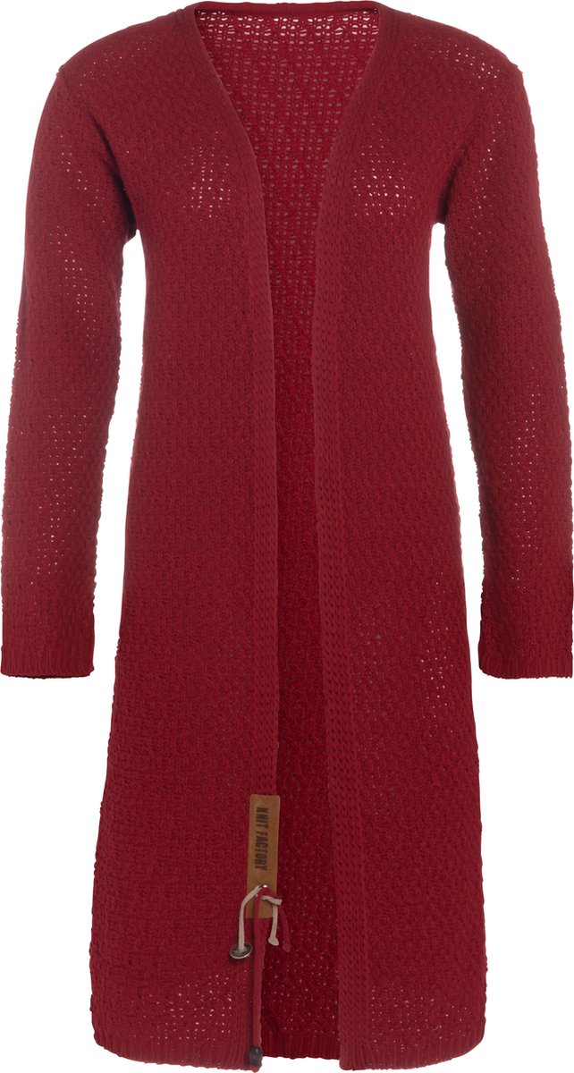 Knit Factory Luna Lang Gebreid Vest Bordeaux - Gebreide dames cardigan - Lang vest tot over de knie - Rood damesvest gemaakt uit 30% wol en 70% acryl - 36/38