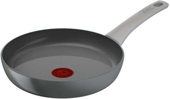 Poêle grise Tefal avec manche gris et Thermo-Signal rouge au centre.