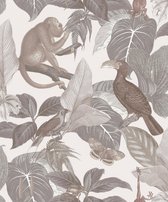 Behang met apen en tropische vogels - Behang - Wandbekleding - Wallpaper - Vliesbehang - Assorti 2022-2024 - 0,53 x 10,05 M.