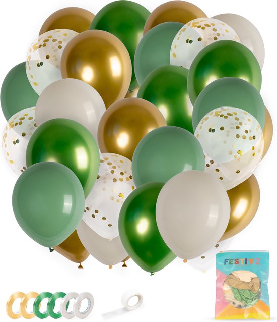 Festivz 40 stuks Olijfgroen Gouden Ballonnen met Lint – Decoratie – Feestversiering - Papieren Confetti – Gold - Olive Green - Gold Latex - Green Latex - Verjaardag - Bruiloft - Feest