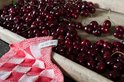 Gebreide pannenlap met rood en wit blokjespatroon, naast een bak met kersen.