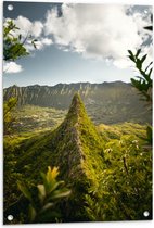 WallClassics - Tuinposter – Hoge Groene Berg in de Vallei - 60x90 cm Foto op Tuinposter  (wanddecoratie voor buiten en binnen)