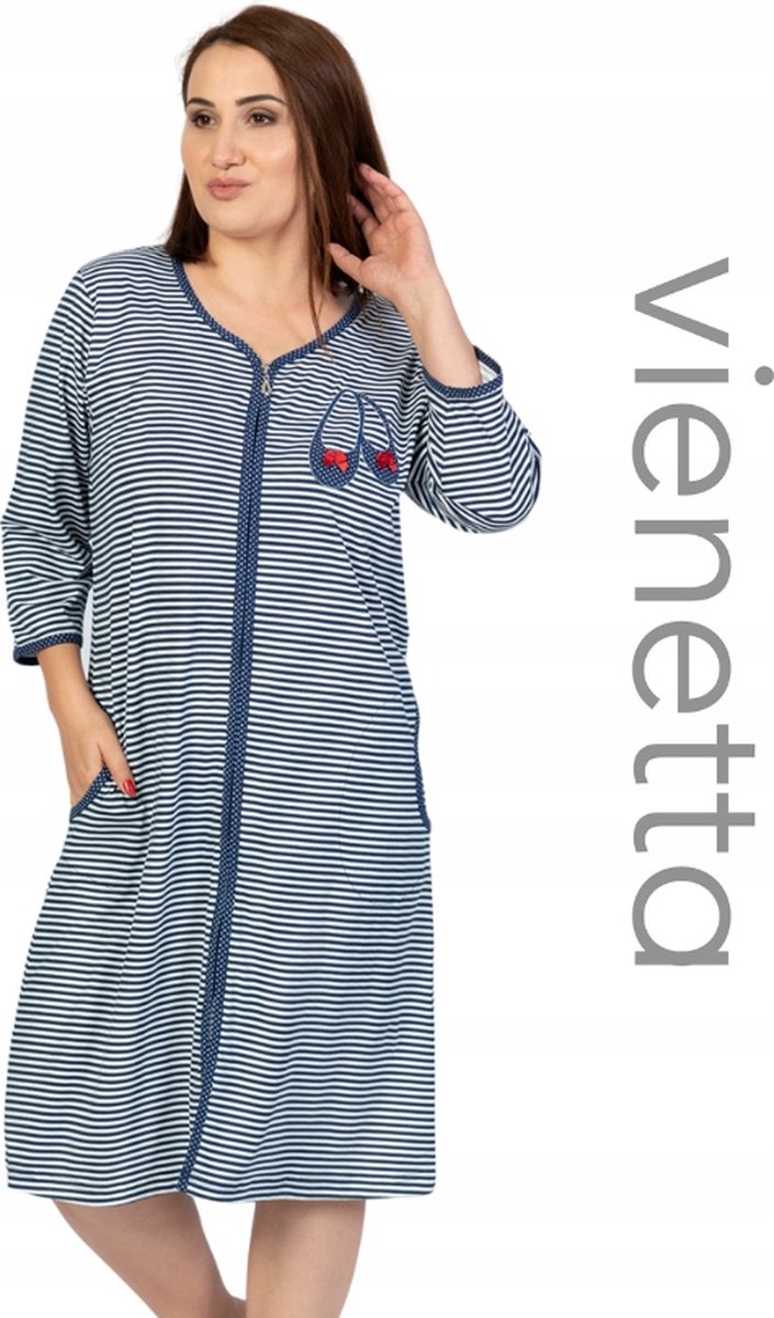Vienetta katoenen badjas met rits - marineblauw/wit (grote maten) XL